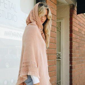 Bohemian Classic Knit Hooded Poncho Rose/Pink OS